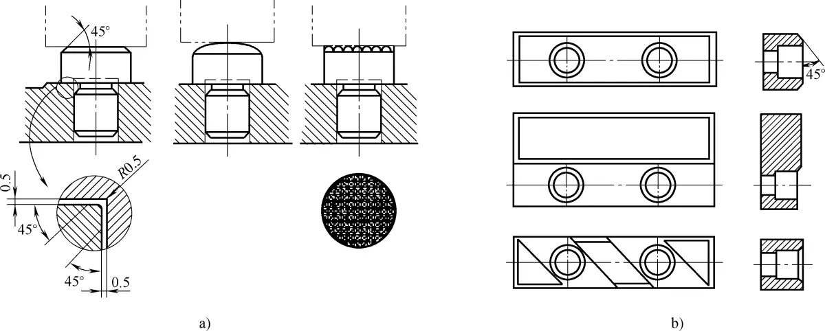 Afbeelding 10-9 Standaardstructuur van positioneringsonderdelen (steunpen en steunplaat) voor vlakpositionering